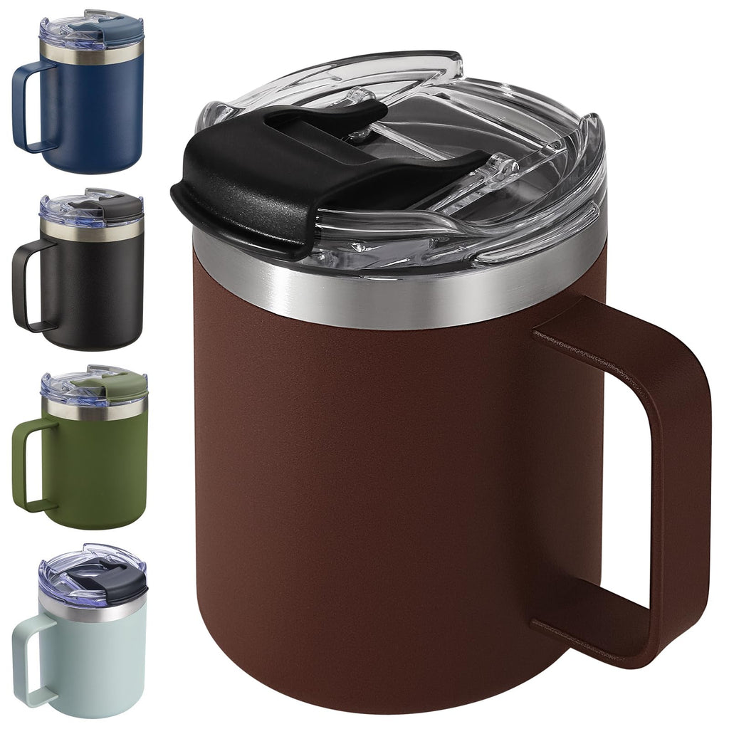 ALOUFEA 12oz Insulated Travel Coffee Mug with Handle, Nut Brown