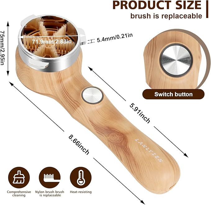 Espresso Coffee Machine Cleaning Brush Wood grain color espresso machine electric cleaning brush 360° Totally enclosed cleaning for 3 EARS 51MM Delonghi Dedica Style Series EC680 and EC685 SMEG ECF01