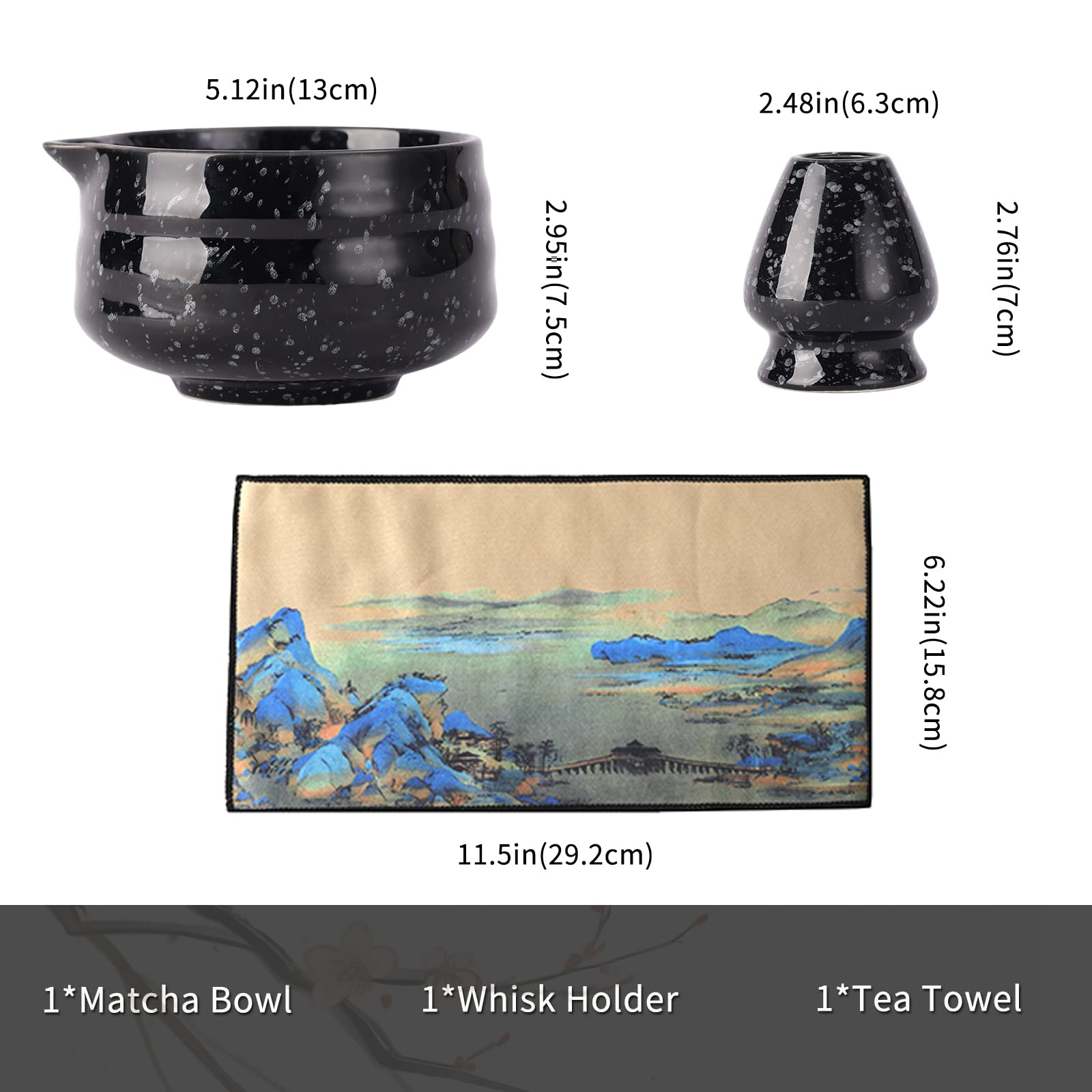 VONAHAST Japanese Ceramic Matcha Bowl - 16oz Speckle Glaze Chawan & Whisk Stand for Perfect Froth, Dishwasher Safe Black