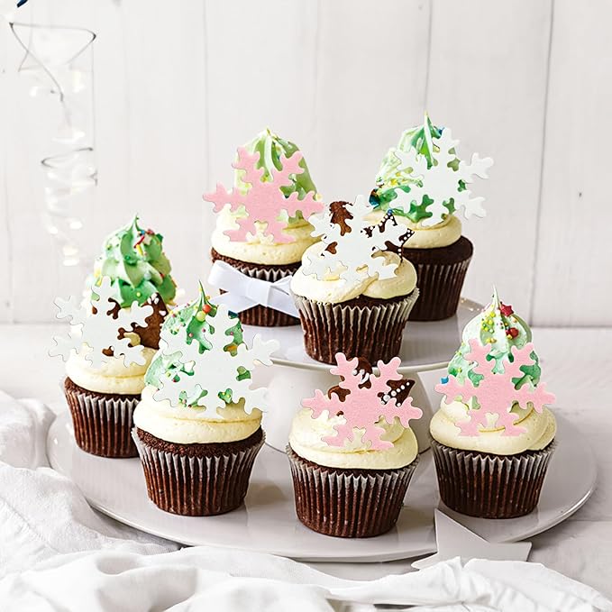 Gyufise 50Pcs Pink Edible Cupcake Cake Toppers Snowflake Cake Decorations for Christmas Winter Frozen Theme Party Supply Decoration Pink White