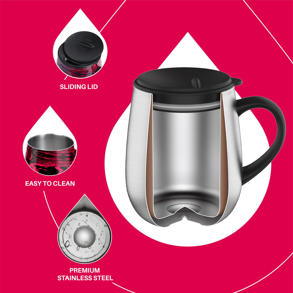 Ideus 16 oz (470 ml) Insulated Coffee Mug with Handle and Lid, Double Wall Stainless Steel Vacuum Thermal Coffee Mug, Travel Coffee Cup Thermal Cup for Home and Office (Red Zebra)