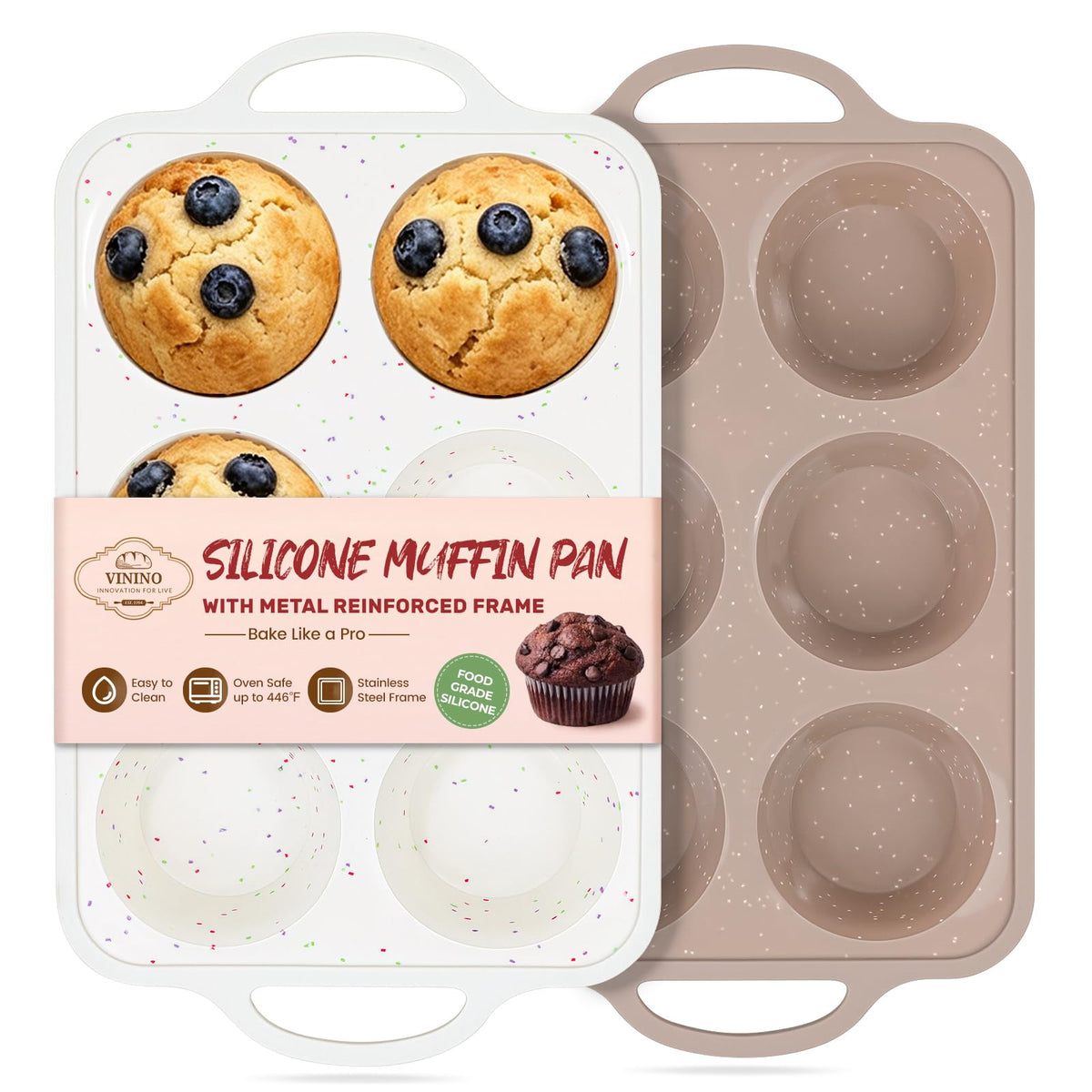 Vinino 2Pack Silicone Muffin Pans for Baking with Metal Reinforced Frame, 12 Cups Regular Size Nonstick Silicone Cupcake Pan, BPA Free Oven Dishwasher Safe Baking Mold for Muffins Cupcakes
