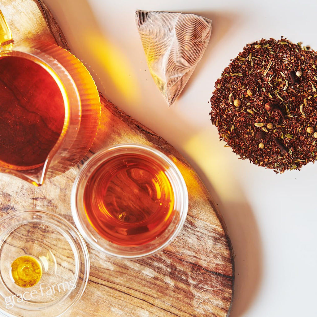 Grace Farms ROOIBOS CHAI Herbal Tea (16 Pyramid Sachets) | Healthy and Caffeine Free | Organic, Fair Trade and Kosher Certified | Gives Back 100% of Profits