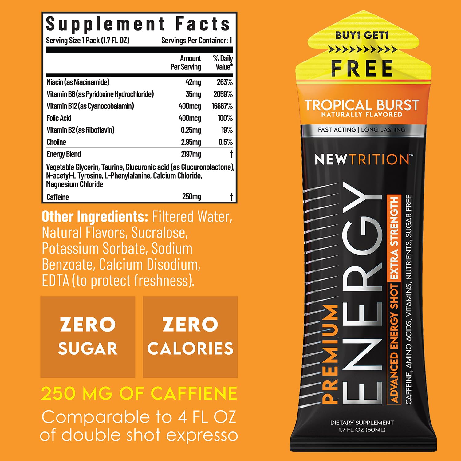 NewTrition® Extra Strength Energy Shots, 1.7 fl oz - 250mg Caffeine with Vitamin B & Amino Acids, Sugar-Free, Zero Calorie Vitamin Energy Drink for Focus & Endurance (Pack of 6, Tropical Burst)