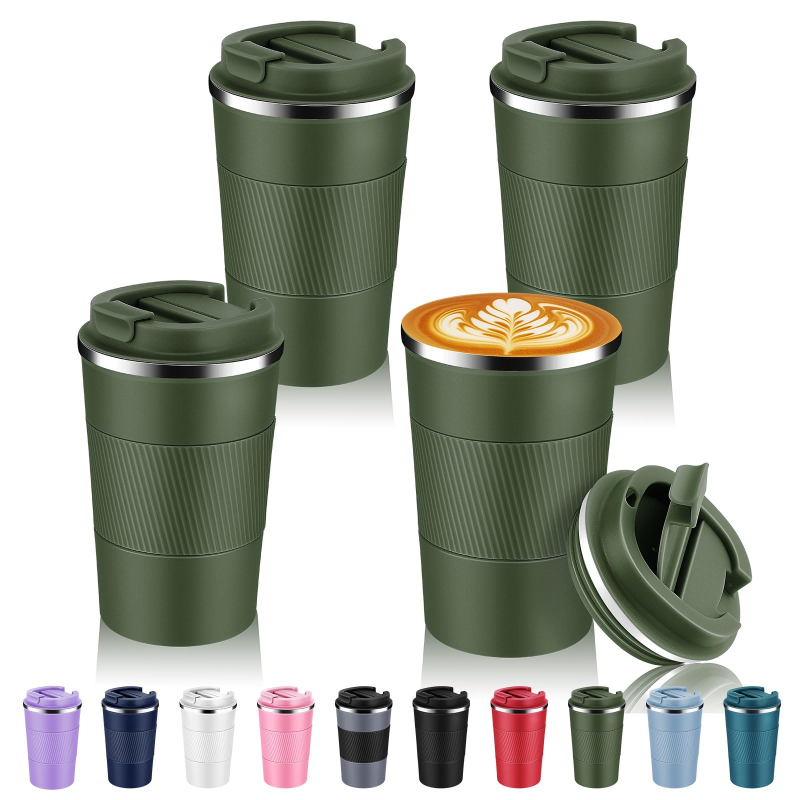 Volhoply 13 oz Stainless Steel Insulated Travel Coffee Mug with Fip Lid Bulk 4 Pack,Reusable Double Wall Vacuum Metal Coffee Cup,Portable Leak Proof Thermal Tumbler for Hot & Cold Drinks(Army Green,4)