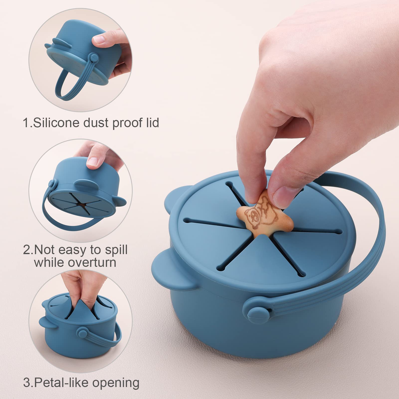 Dilovely Snack Cups for Toddlers, Baby Snack Containers, Silicone Toddler Snack Cups No Spill, Food Catcher with Lid & Bucket-like Handle, BPA Free & Dishwasher Safe, 9 Ounce Colonial Blue