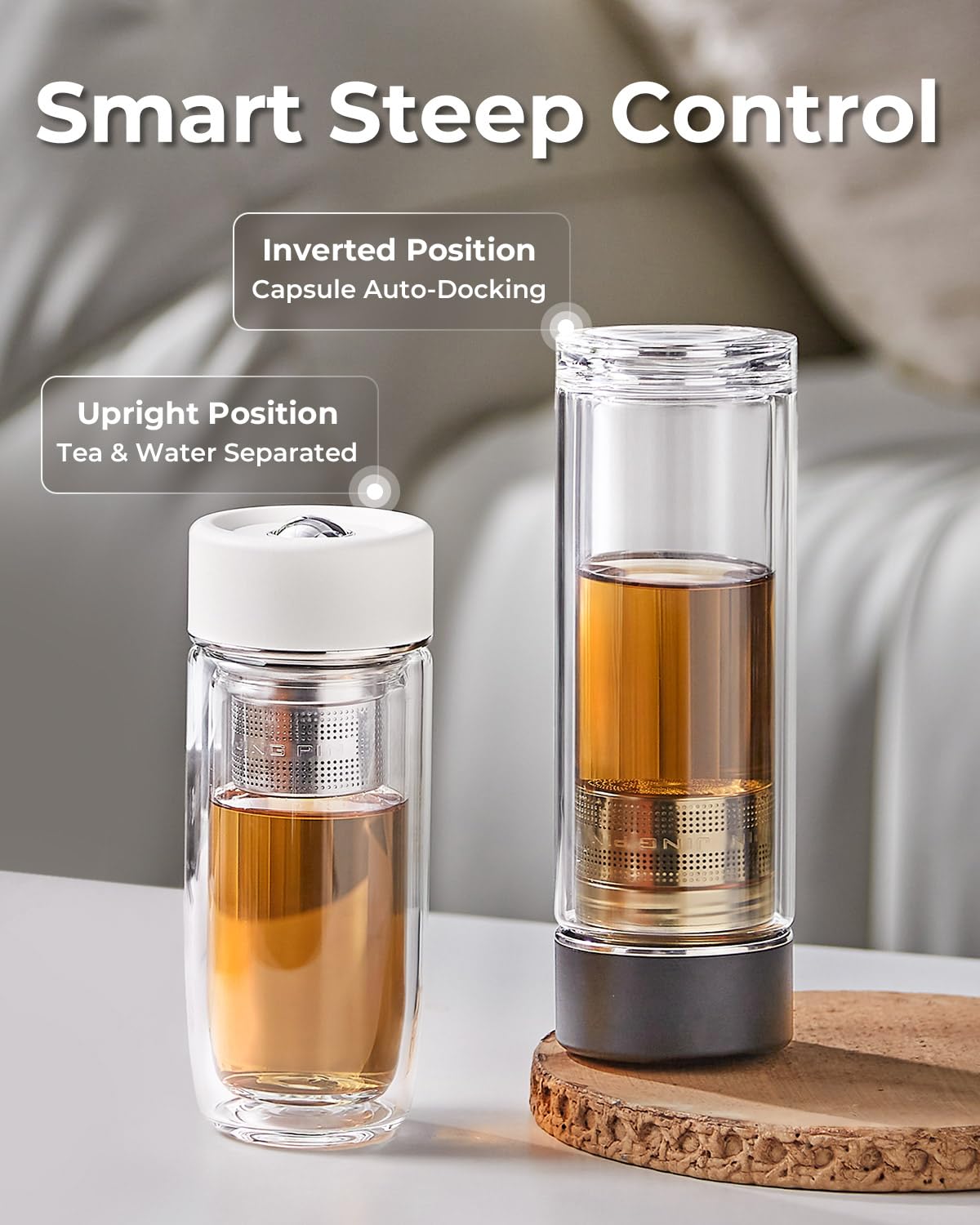 TEAVOR MagnaDrop Tea Tumbler – Double Wall Glass Tea Infuser Cup with Magnetic Steep Control & Bead Switch, Leakproof Travel Mug for Loose Leaf, 12.5oz
