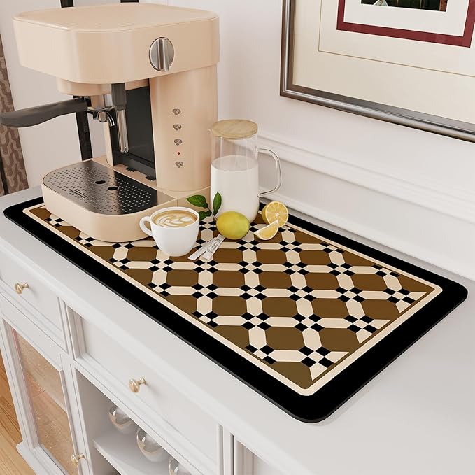 AMOAMI Coffee Mat - Hide Stain Rubber Backed Absorbent Dish Drying Mat for Kitchen Counter - Fits Under Coffee Maker - Khaki 12X19