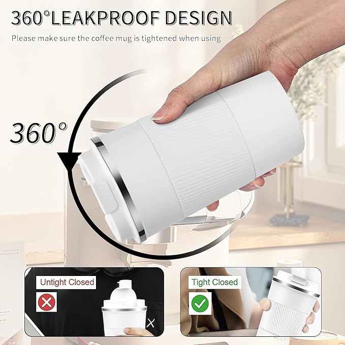 YINBAOGE Insulated Travel Coffee Mug Spill Proof Leak Proof Pobtable To Go Camping Stainless Steel Coffee Tumbler Reusable Coffee Cups with Lids Thermos for Hot and Cold Drink (White, 12 OZ)