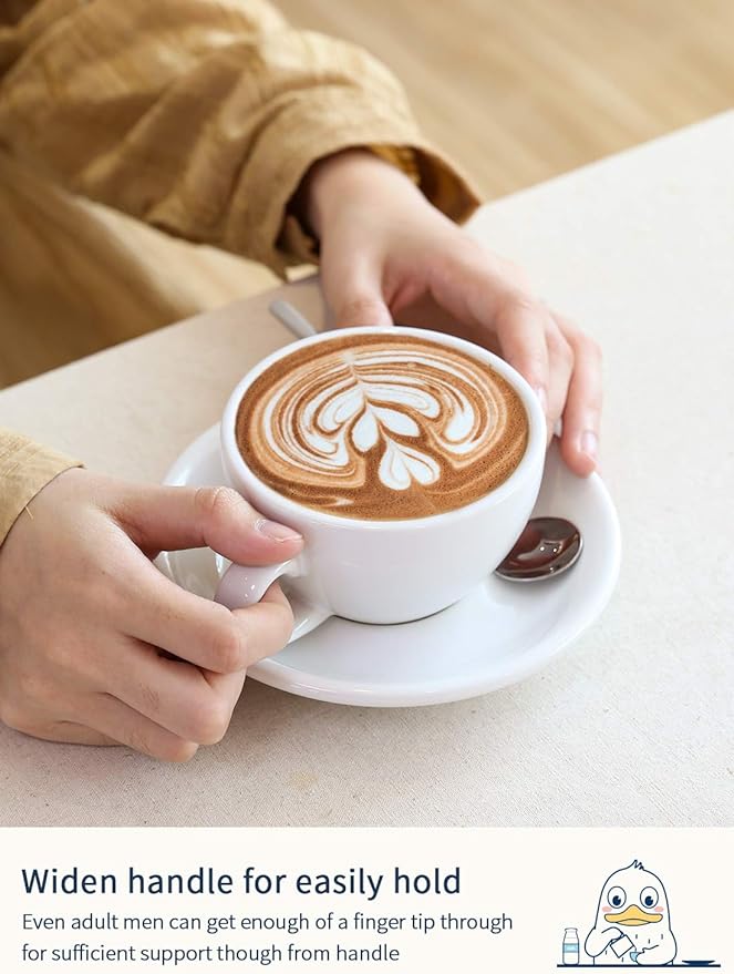 LE TAUCI 6 oz Cappuccino Cups with Saucers, Ceramic Coffee Cup for Au Lait, Double shot, Latte, Cafe Mocha, Tea - Set of 4, White