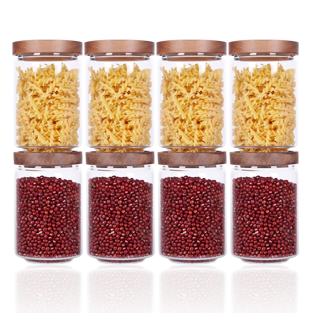 SAIOOL Stackable Kitchen Canisters Set of 8,High Borosilicate Glass Cylinder Airtight Food Storage, sort out the tea, flour, candies, grain easily and clearly