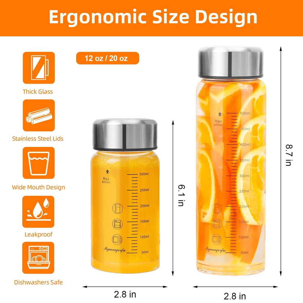 Glass Juice Bottles 6 Pack 20 oz - Wide Mouth Glass Water Bottles with Lids - for Juicing, Smoothies, Milk, Protein, BPA Free, Reusable, Stainless Steel Lids, Leak Proof, Shaker bottle (600 ml)