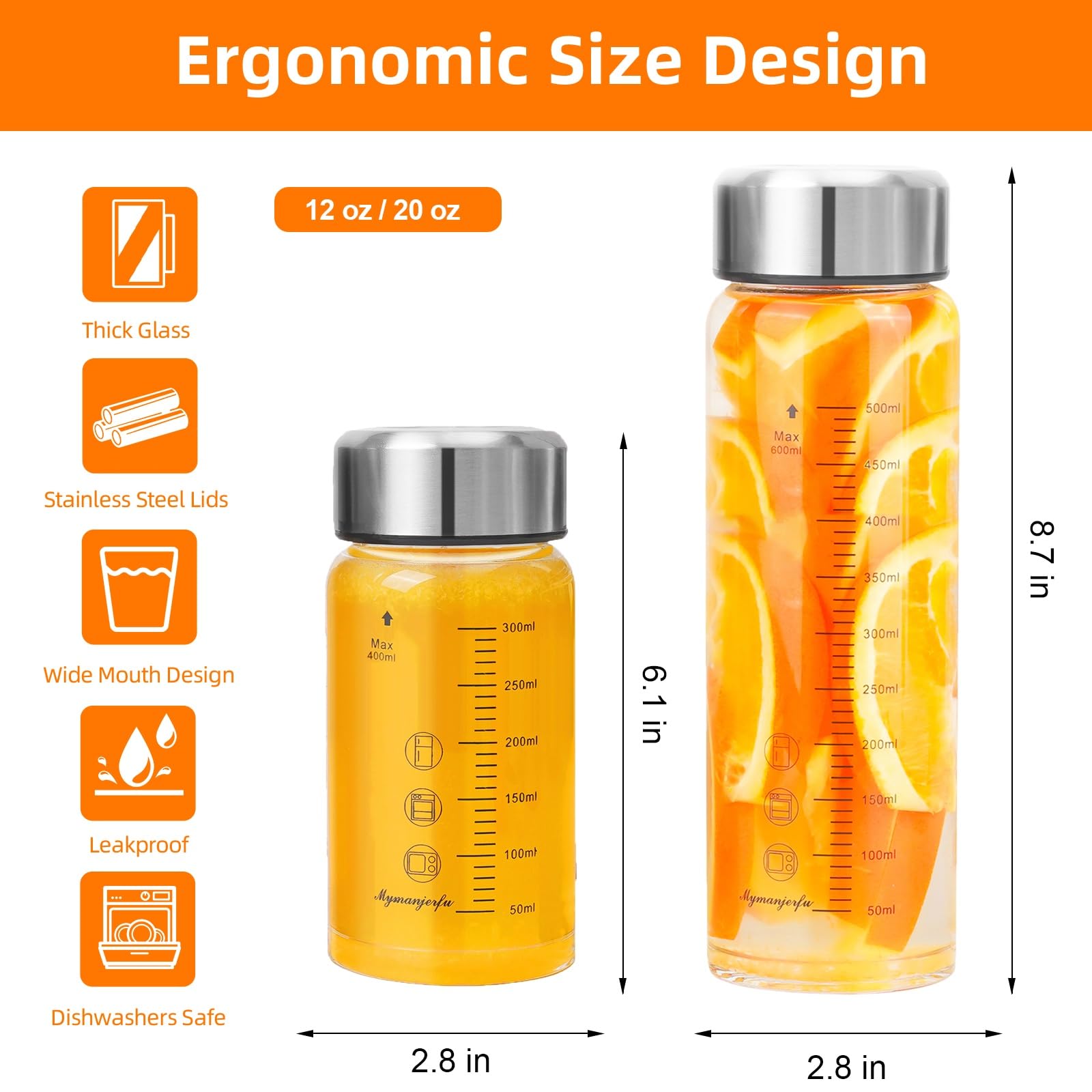 Glass Juice Bottles 6 Pack 20 oz - Wide Mouth Glass Water Bottles with Lids - for Juicing, Smoothies, Milk, Protein, BPA Free, Reusable, Stainless Steel Lids, Leak Proof, Shaker bottle (600 ml)