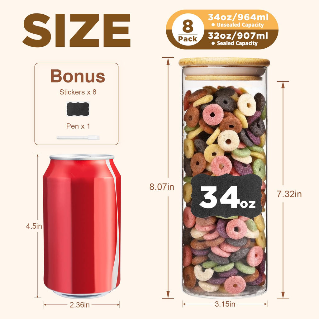 SHOWIN 34oz Glass Food Storage Jars, Glass Jars with Bamboo Lids, Kitchen Storage Jars, Set of 8, Canisters with Airtight Lids for Spice, Coffee, Cookie, Pantry Organizers