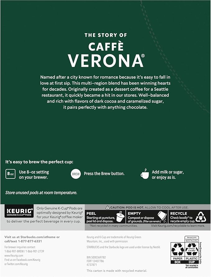 Starbucks K-Cup Coffee Pods, Dark Roast Coffee, Caffè Verona For Keurig Coffee Makers, 100% Arabica, 1 Box (22 Pods)