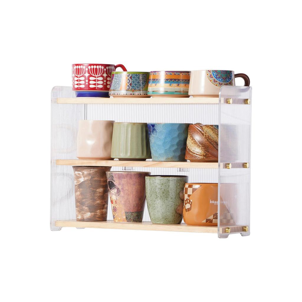 KAOTGOT Coffee Mug Holder Wooden Cup Station Organizer 3-Tier Cup Holder for Coffee Bar Mug Display Rack for Countertop Mug Holder Shelf for Home Kitchen Pine Wood