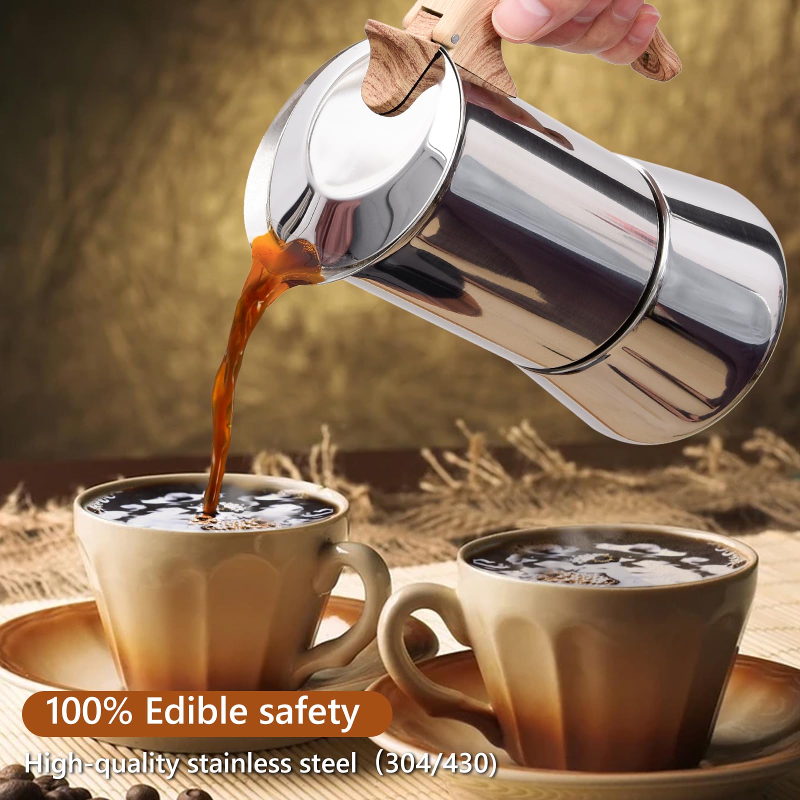 JingleChoo Induction Moka Pot, Stainless Steel, Stovetop Espresso Coffee Maker, 6 Cup/300ml/10.1oz, Easy to Use and Clean, Camping Home Use | for Mocha Cappuccinos, Lattes
