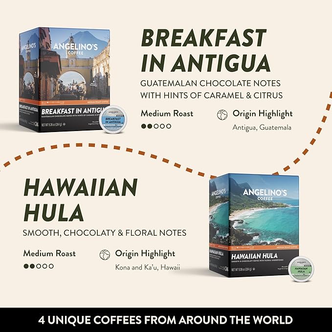 Angelino's Coffee Reserve Variety Pack, 96 Count – 4 Premium Single-Origin Blends, K Cup Compatible for Keurig – Italian Roast, Mad Professor, Breakfast in Antigua & Costa Rica Volcanica