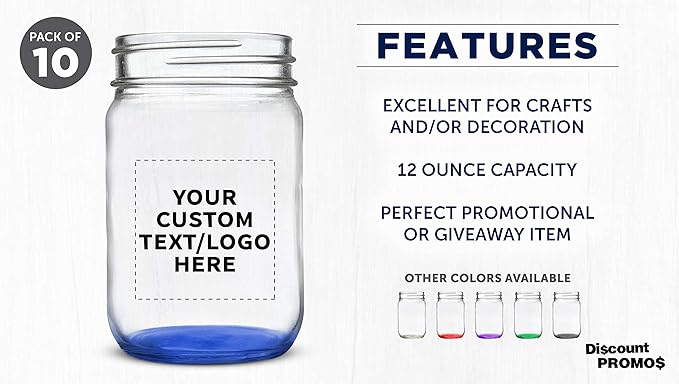 DISCOUNT PROMOS Custom Decorating Mason Jars 12 oz. Set of 10, Personalized Bulk Pack - Glass Jars for Overnight Oats, Candies, Fruits, Pickles, Spices, Beverages - Blue
