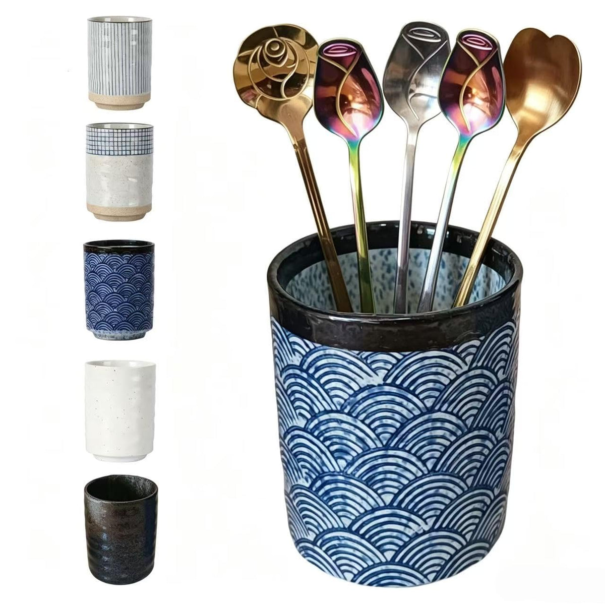 TOPYOKK Stoneware Coffee Bar Utensil Holder Tea & Coffee Spoon & Stirrer Holder for Stir Stick Straw Teaspoon Holder Espresso Spoon Cup Small Utensil Jar (Snow night)