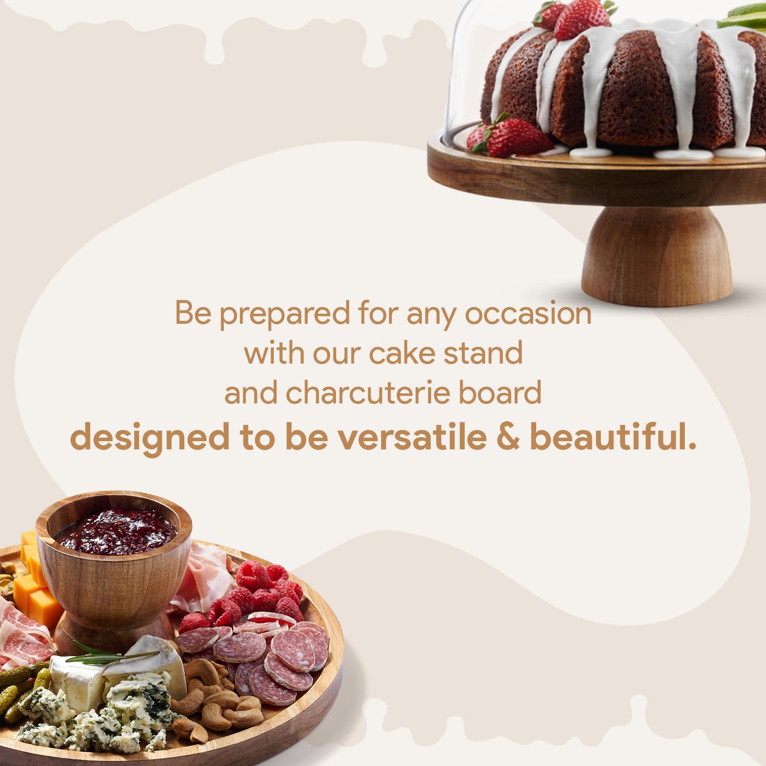 HOMESPHERE Wood Cake Stand with Lid, 2-in-1 Charcuterie Board, Round dome