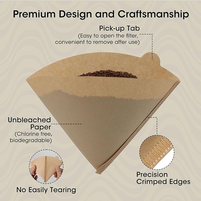V60 Coffee Filters 02, ONIOU Unbleached Size 02 Cone Coffee Filters, 100 Count Natural Brown Pour Over Paper Filters for Hario V60 & Others 1–4 Cup Coffee Dripper
