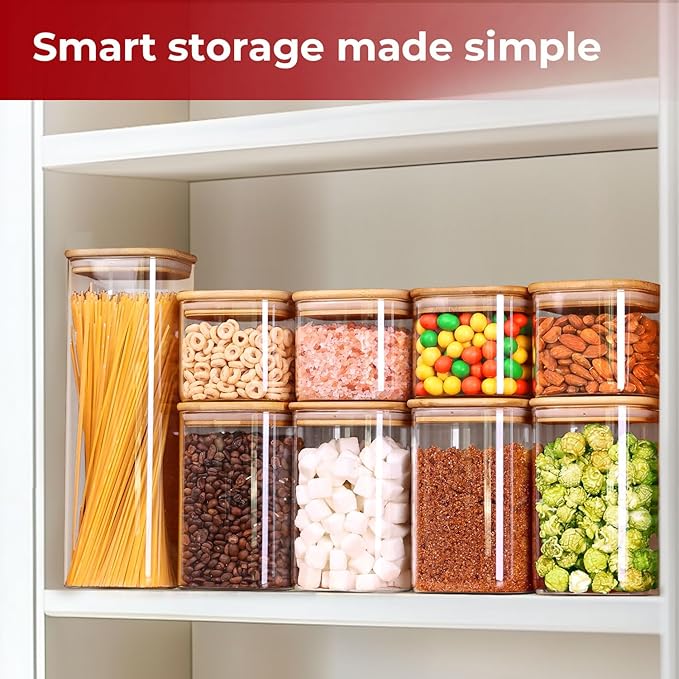 Glass Storage Containers with Lids, Food Storage Jar Canister Set, Pantry Organizers for Cookie Candy Tea Coffee Bean (4 pack 1qt)
