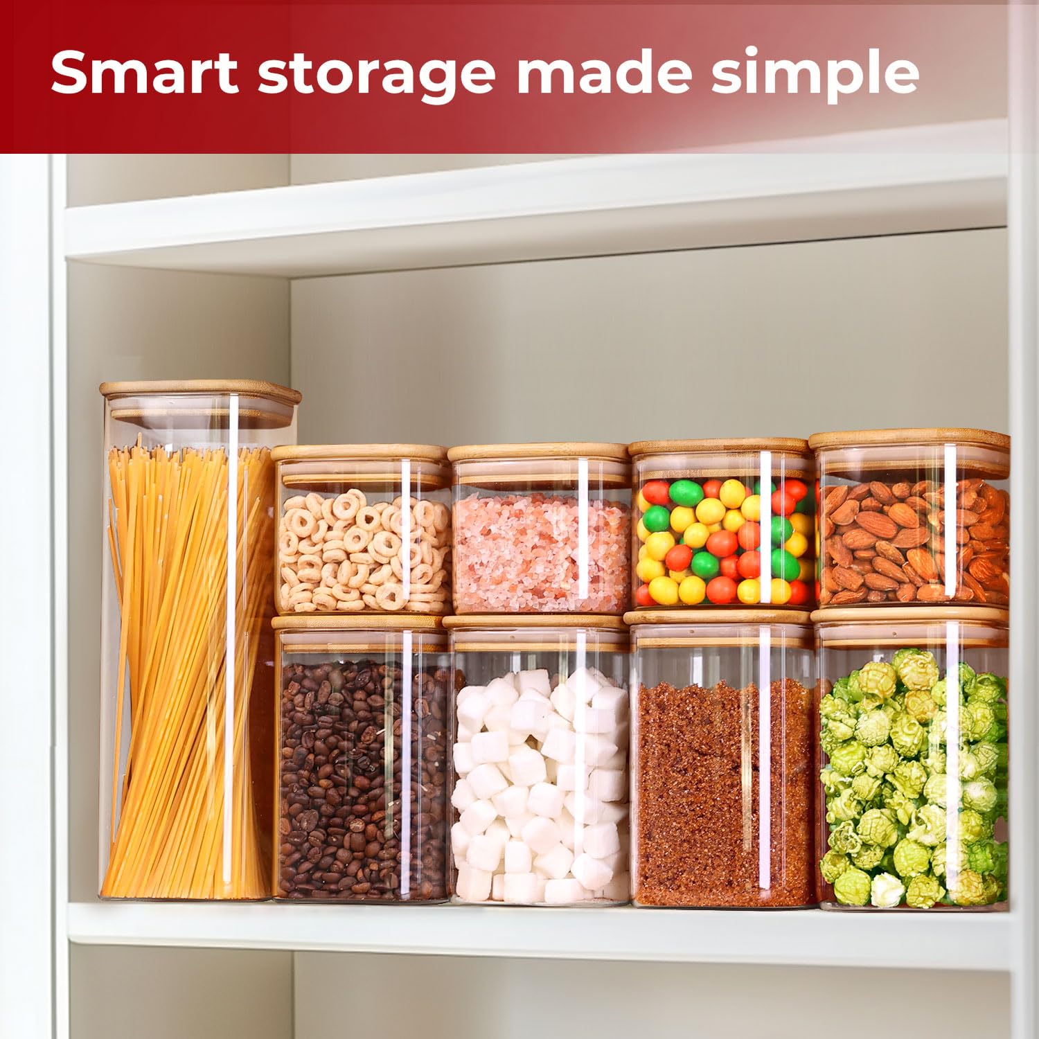 KTMAMA Glass Pantry Storage Containers with Bamboo Lids 1Qt 4 Pack Square