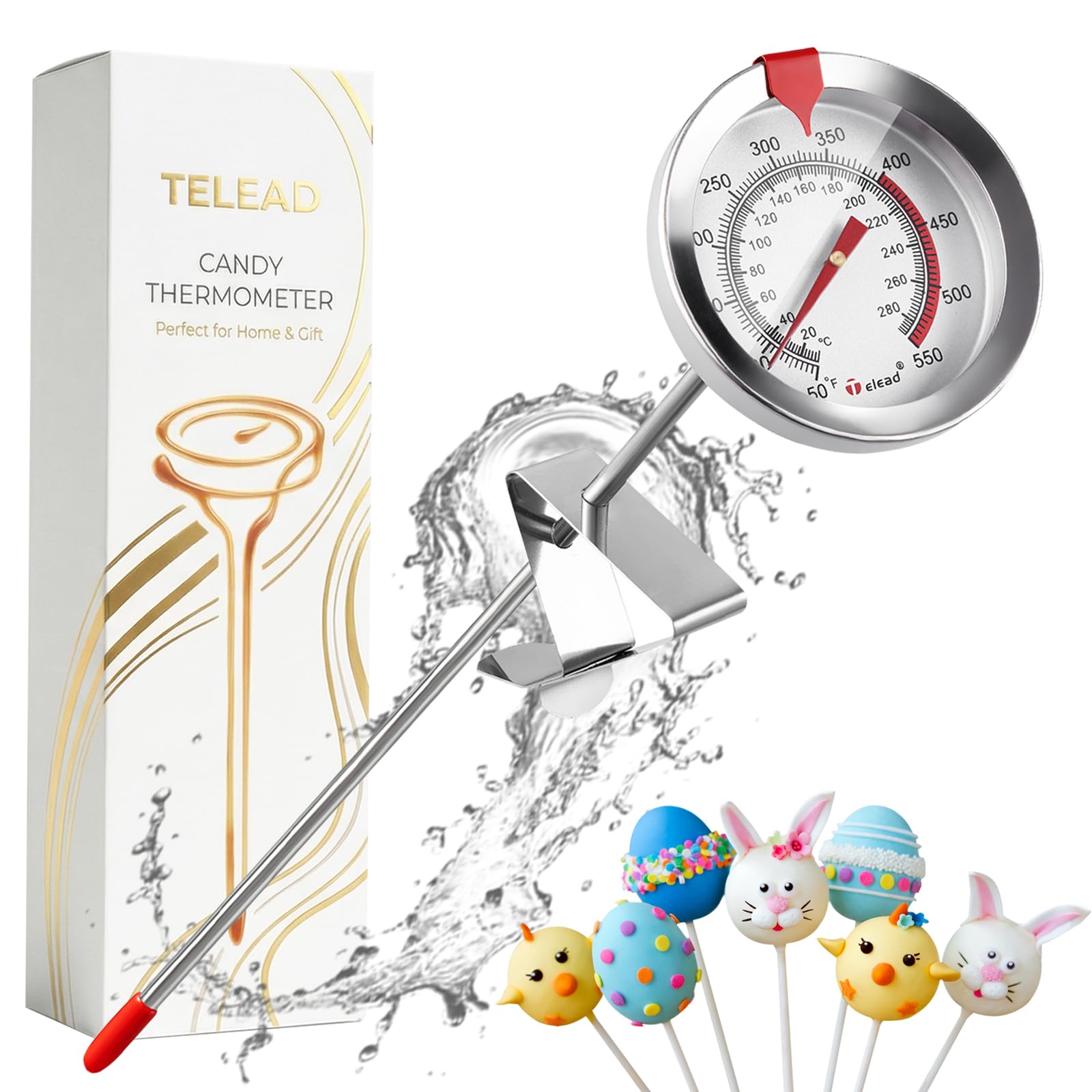 Telead Candy Thermometer Waterproof IP67 - Oil Thermometer for Frying with Clips - 9" Side of Pot Thermometer Deep Fry for Oil Candy Candle BBQ - Silver