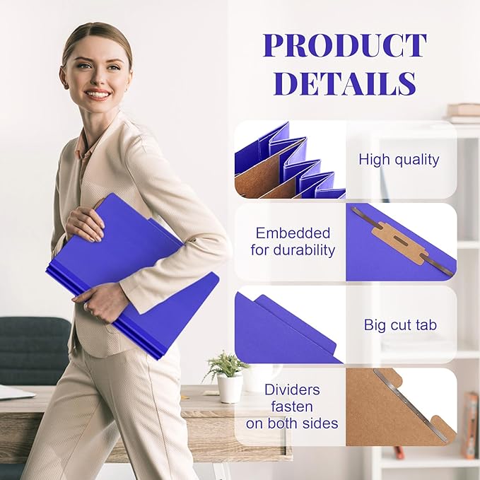24 Pcs Classification Folders Letter Size, Back to School Supply for Teacher, Student, 3 Dividers Pressboard File Folder Bulk with 2 Fasteners, 3.5 Inch Expanding File Organizer (Purple)