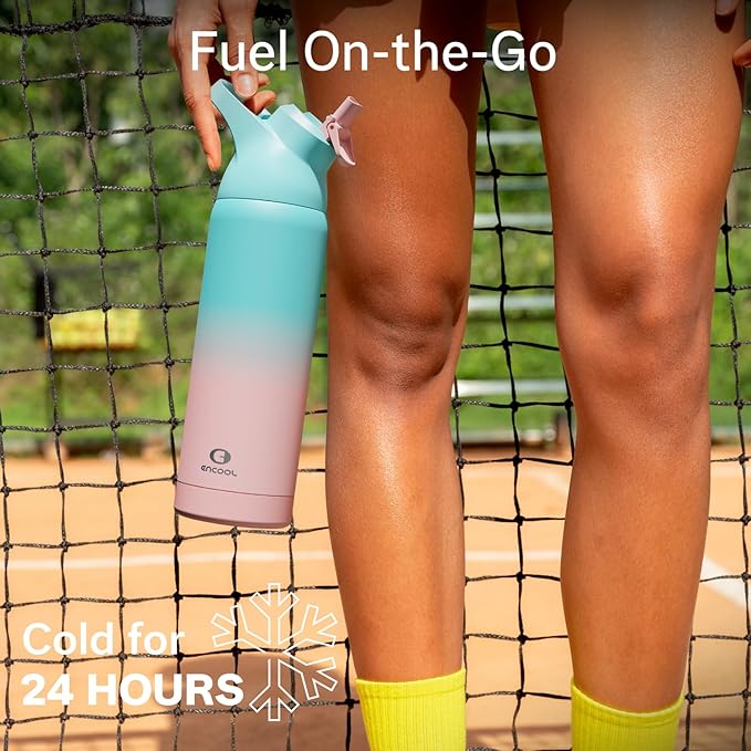 Insulated Water Bottle with Straw - Encool Stainless Steel Water Bottle, Reusable Leakproof and BPA-Free for Sports, Travel, Cold for 24 Hours, 32 oz, Cherry Blossom