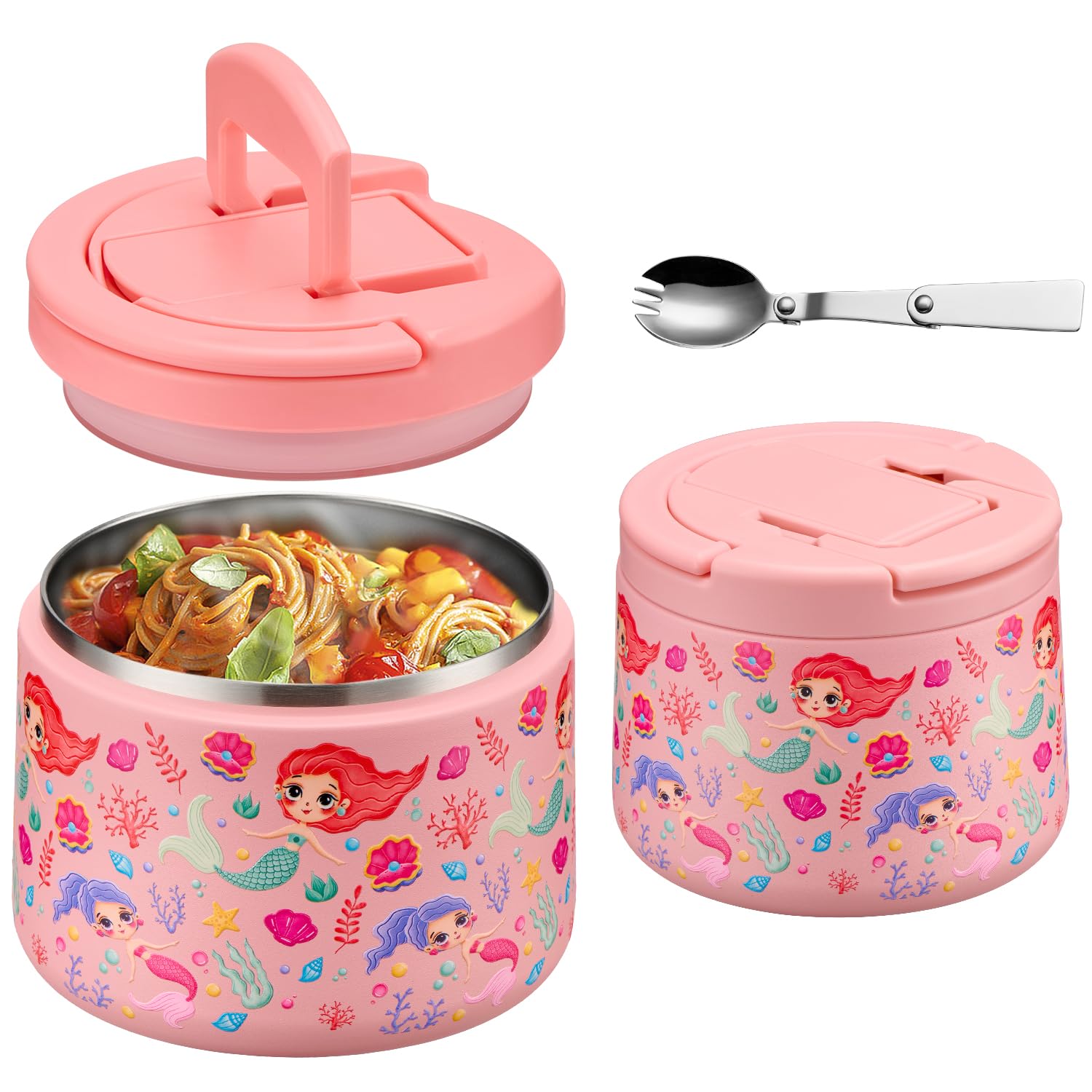 14oz Insulated Vacuum Food Jar with Buckle Lid,Soup Thermo for Hot Food Kids,Wide Mouth Leakproof Stainless Steel Lunch Container with Spoon-Mermaid