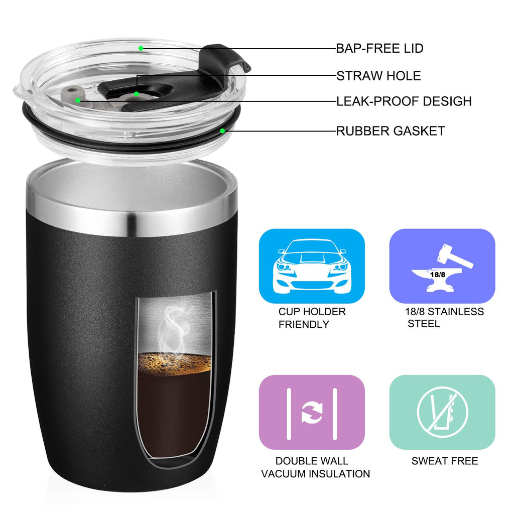 VEGOND Stainless Steel 12 oz Tumblers bulk Vacuum Insulated Double Wall Travel Tumbler with Lid and Straw Reusable Tumbler, Black 6 pack