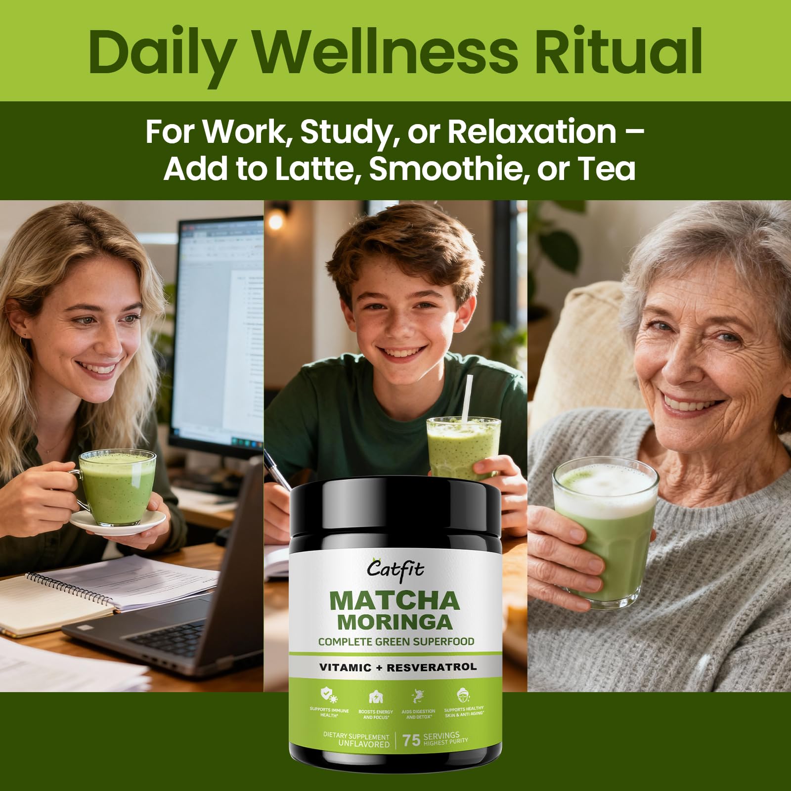 Matcha Powder – Superfood Blend with Moringa & Green Tea & Resveratrol, Energy & Focus Support, Immune & Antioxidant Defense, Vegan, Gluten-Free, 8oz