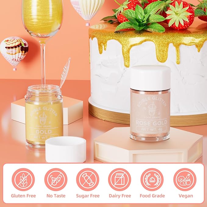 Cherrysea Edible Glitter for Drinks Cocktails Food Grade Edible Drink Shimmer Powder for DIY Champagne Beverages Wine 2 Colors Vegan Edible Luster Dust Set 4g/Bottle Gluten Free - Rosegold & Gold