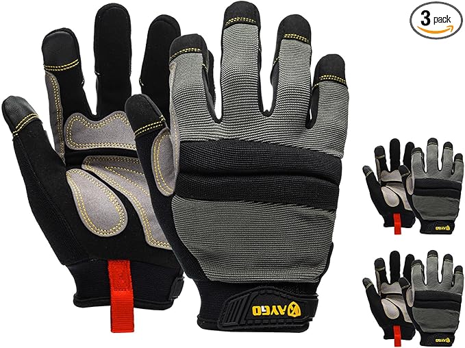 KAYGO Work Gloves For Men, KG125M Mechanic Utility Work Gloves for All Purpose, Excellent Grip, Heavy Duty, Improved Dexterity, Touch Screen, 2X-Large, 3 pairs, Grey