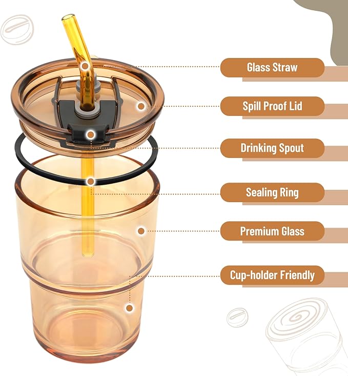 13 oz Glass Tumbler with Glass Straw and Lid, Leak-Proof Reusable Travel Cup for Iced Coffee, Tea, Matcha, Fruit Juice – Thick Wall Clear Water Bottle (Amber, 2 Pack)