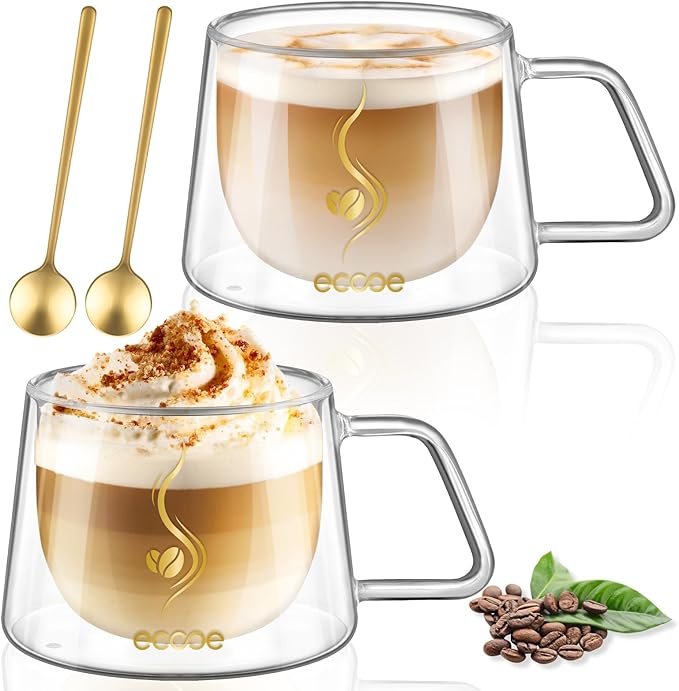 ecooe Double Walled Glass Coffee Mug 12 oz Latte Cappuccino Cups Set of 2