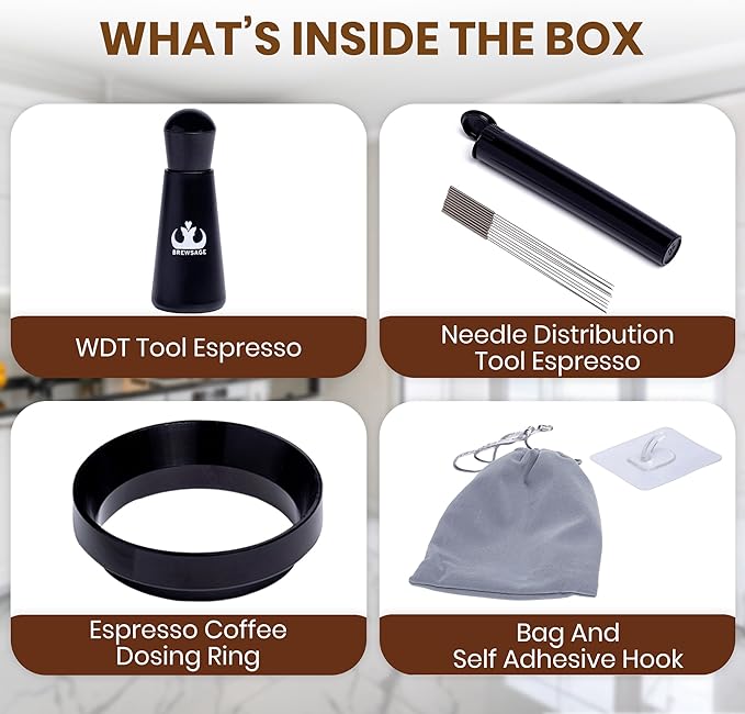 Espresso Accessories Kit – WDT Distribution Tool & 58mm Espresso Dosing Funnel for Baristas – 0.35mm Needle Stirrer with Extra Replaceable Needles, Handle & Storage Pouch