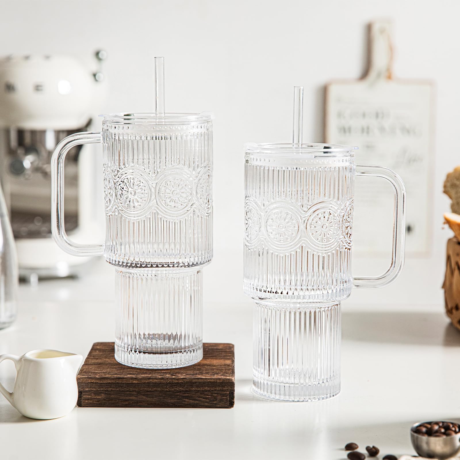 INSETLAN 24oz Ribbed & Floral Glass Tumblers with Handle and Lid, Set of 2 – Reusable Iced Coffee Cups with Straw, Glass Mugs for Water, Smoothies, Tea, and Juice – Ideal for Travel & Daily Use