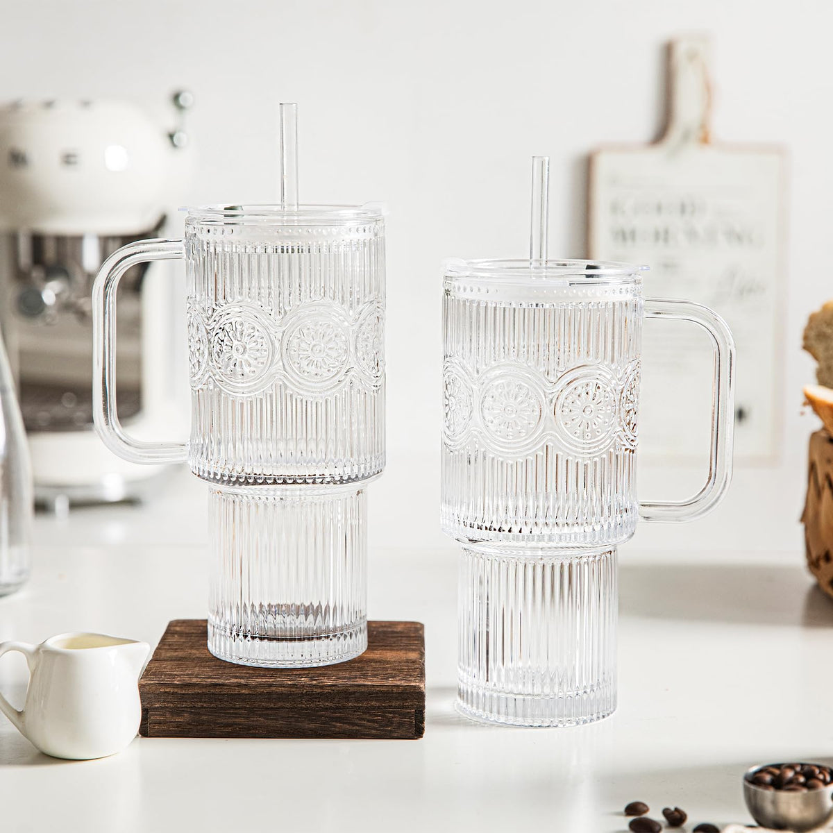 INSETLAN 24 oz Ribbed & Floral Glass Tumblers with Handle, Set of 2 Cups
