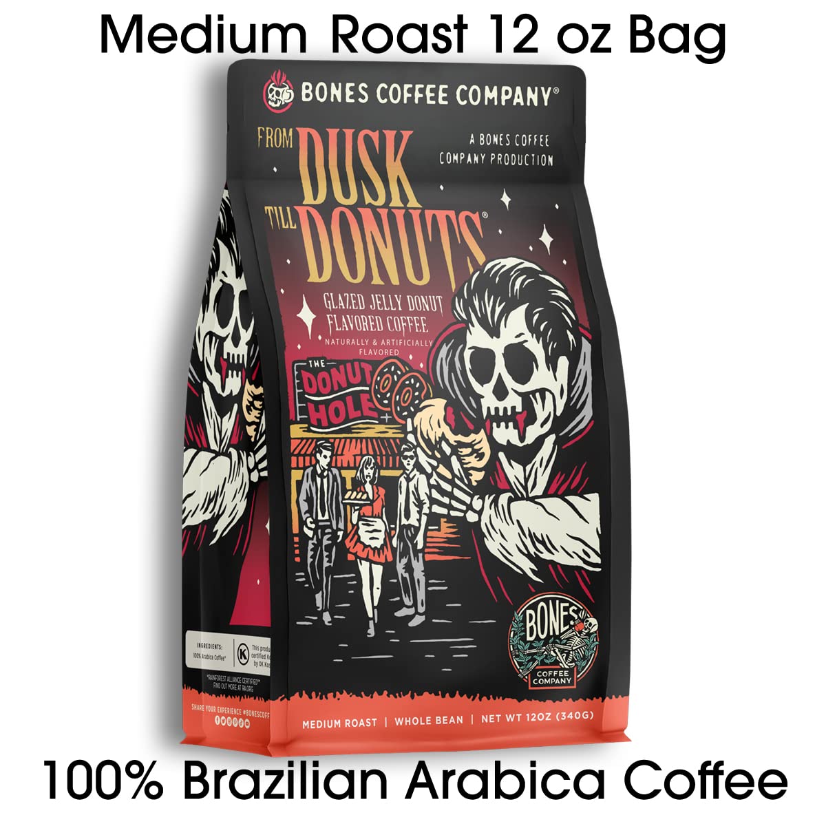 Bones Coffee Company From Dusk Till Donuts Jelly Donuts Flavored Coffee, Medium Roast Low Acid Arabica Beans Compatible with Auto drip and French Press Coffee Maker, 12 Oz Ground