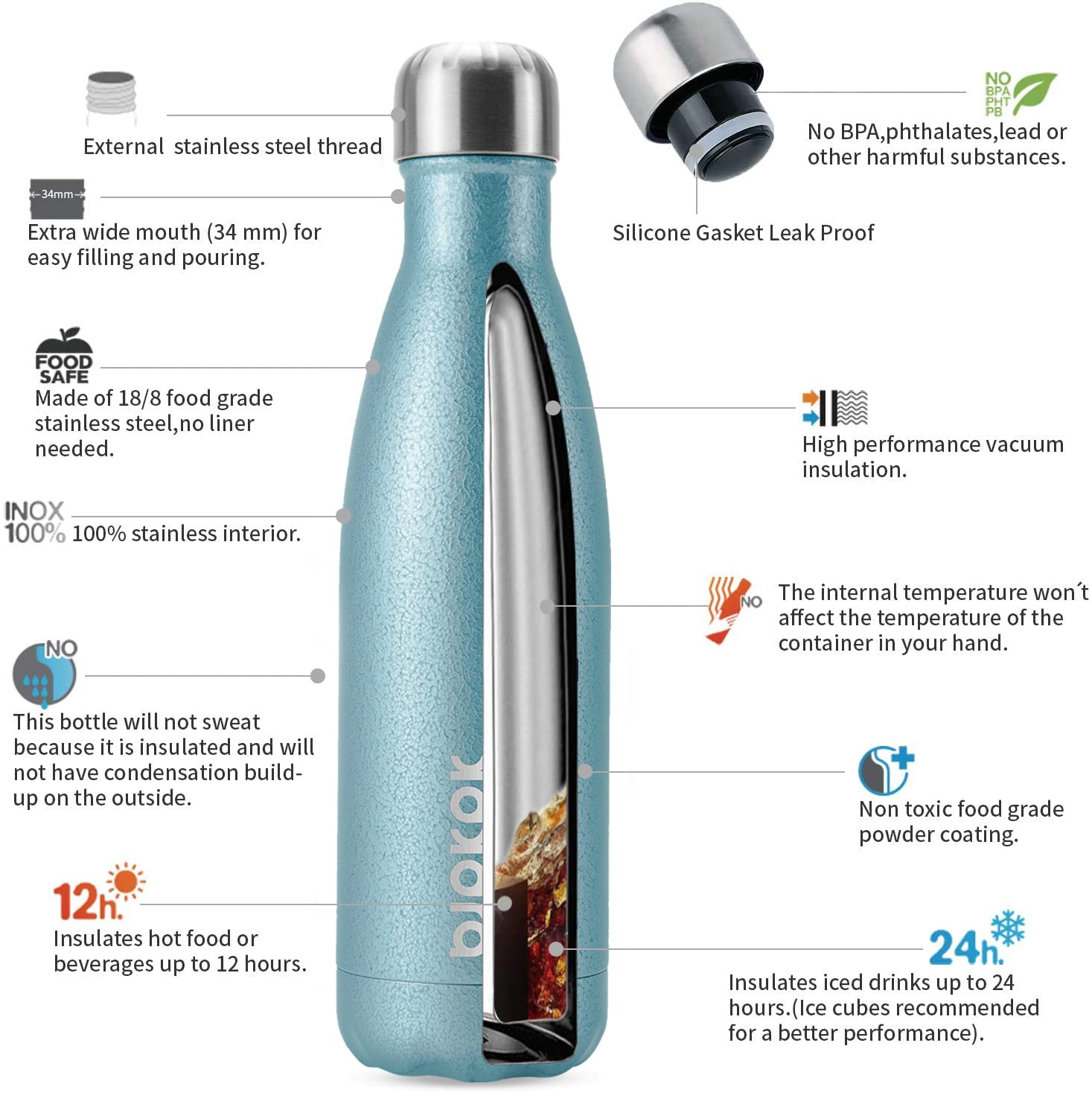 BJPKPK 17 oz Small Insulated Water Bottle, Stainless Steel, Leak Proof