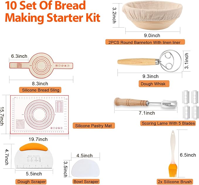 2PCS 9Inch Round Banneton Bread Proofing Basket Sets,Sourdough Bread Baking Supplies with Linen Liners,Silicone Bread Sling,Danish Whisk,Scoring Cutter,Dough Scraper