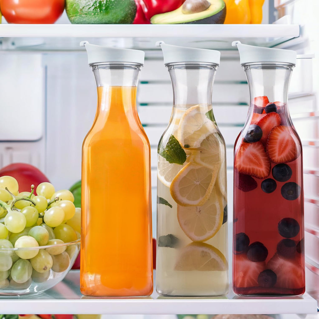 GUSTO [50 oz - 6 Pack] Plastic Carafe with Lid, Large Capacity Square Base - Clear Pitcher with Flip Top Lid, Easy-Pour Spout Juice Containers with Lids - Perfect for Mimosa Bar, Water, and Cold brew