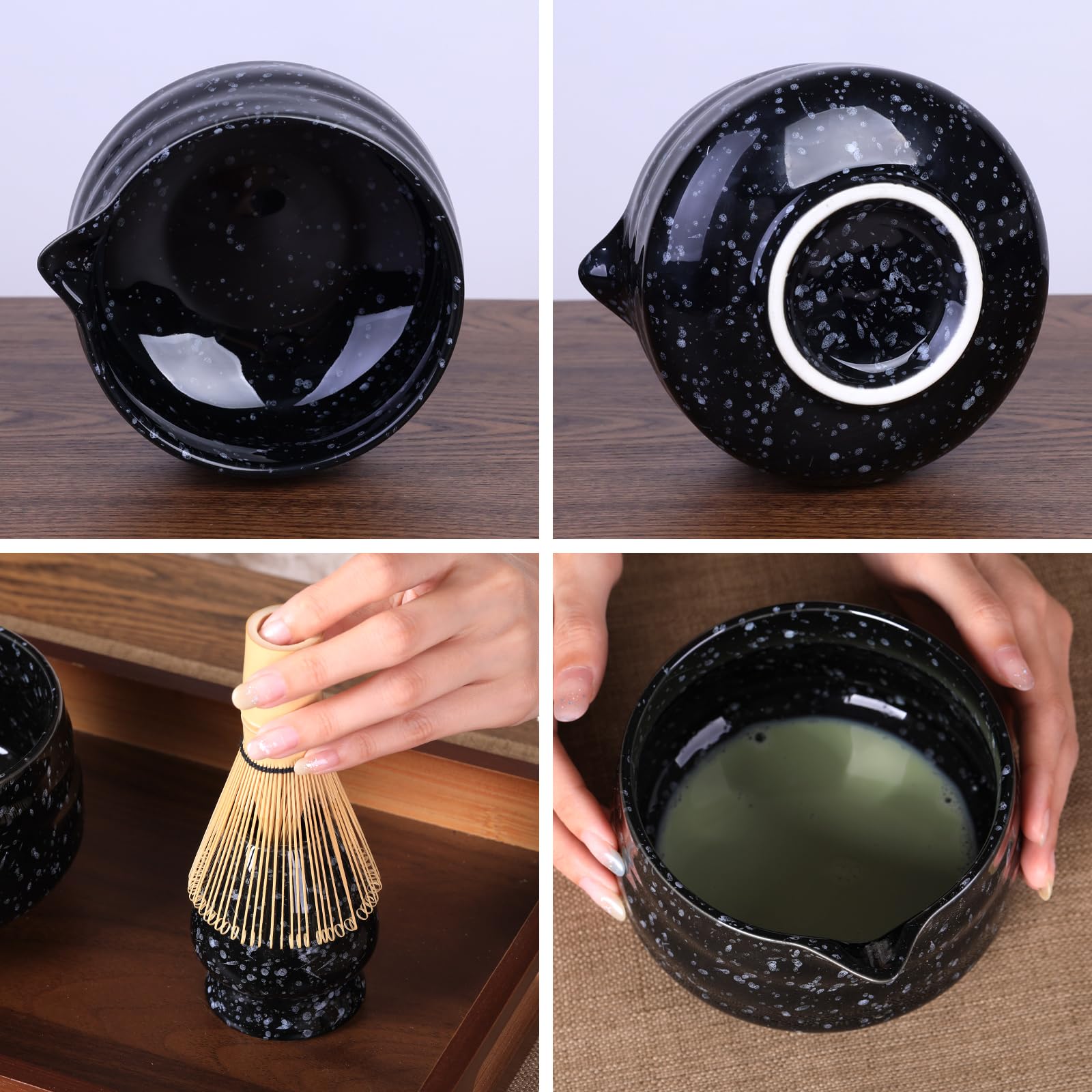 VONAHAST Japanese Ceramic Matcha Bowl - 16oz Speckle Glaze Chawan & Whisk Stand for Perfect Froth, Dishwasher Safe Black