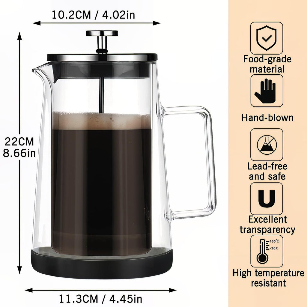 HOOVIEN French Press Coffee Maker 34Oz - Double-Wall Insulated Borosilicate Glass - Ergonomic Handle - Coffee Gift - Tea & Coffee Press