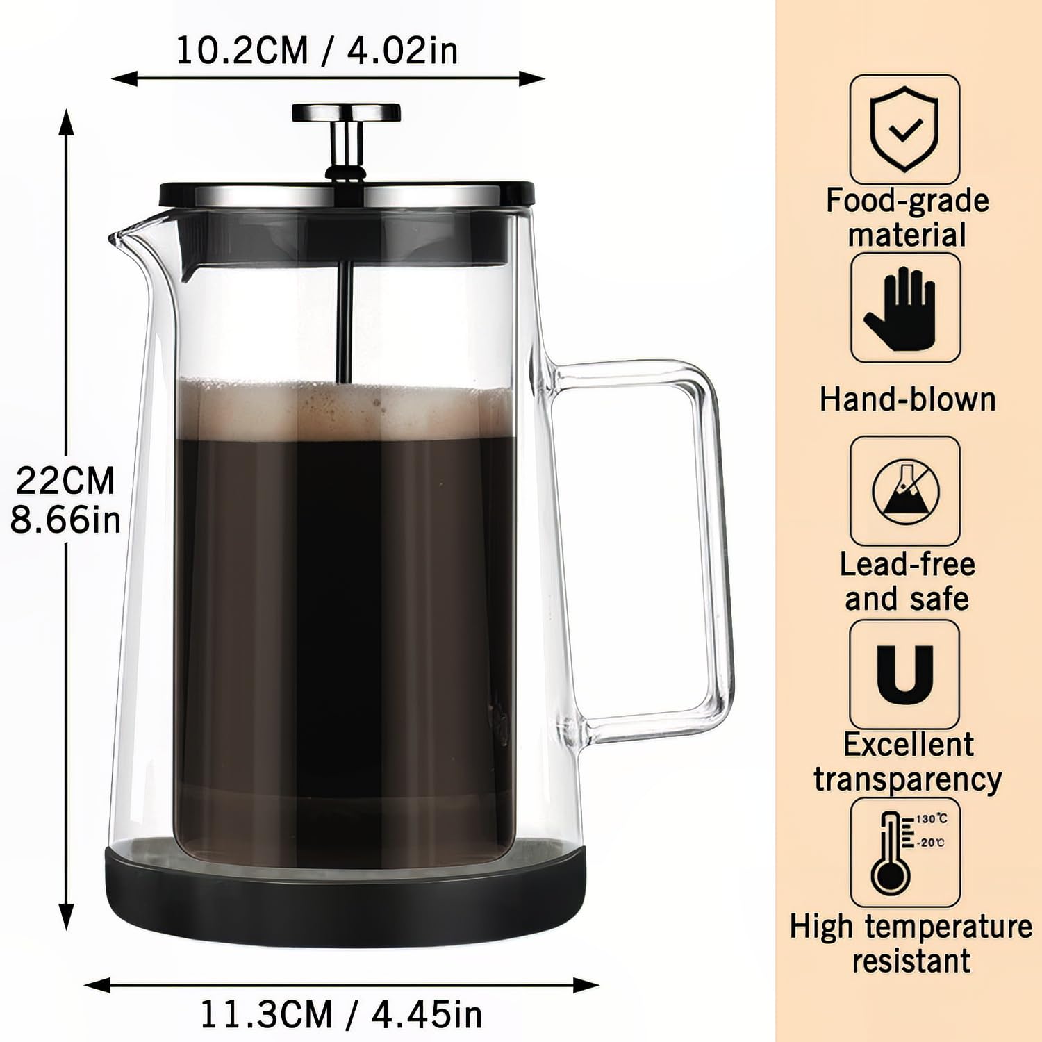 HOOVIEN French Press Coffee Maker 34Oz - Double-Wall Insulated Borosilicate Glass - Ergonomic Handle - Coffee Gift - Tea & Coffee Press