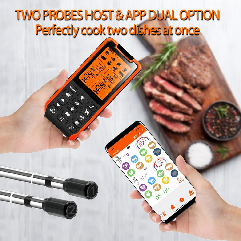 PRAVETTE Smart Bluetooth Meat Thermometer - Long Range Wireless Food Thermometer, Digital Meat Thermometer with Dual Probes for BBQ Grill, Oven, Smoker, Air Fryer