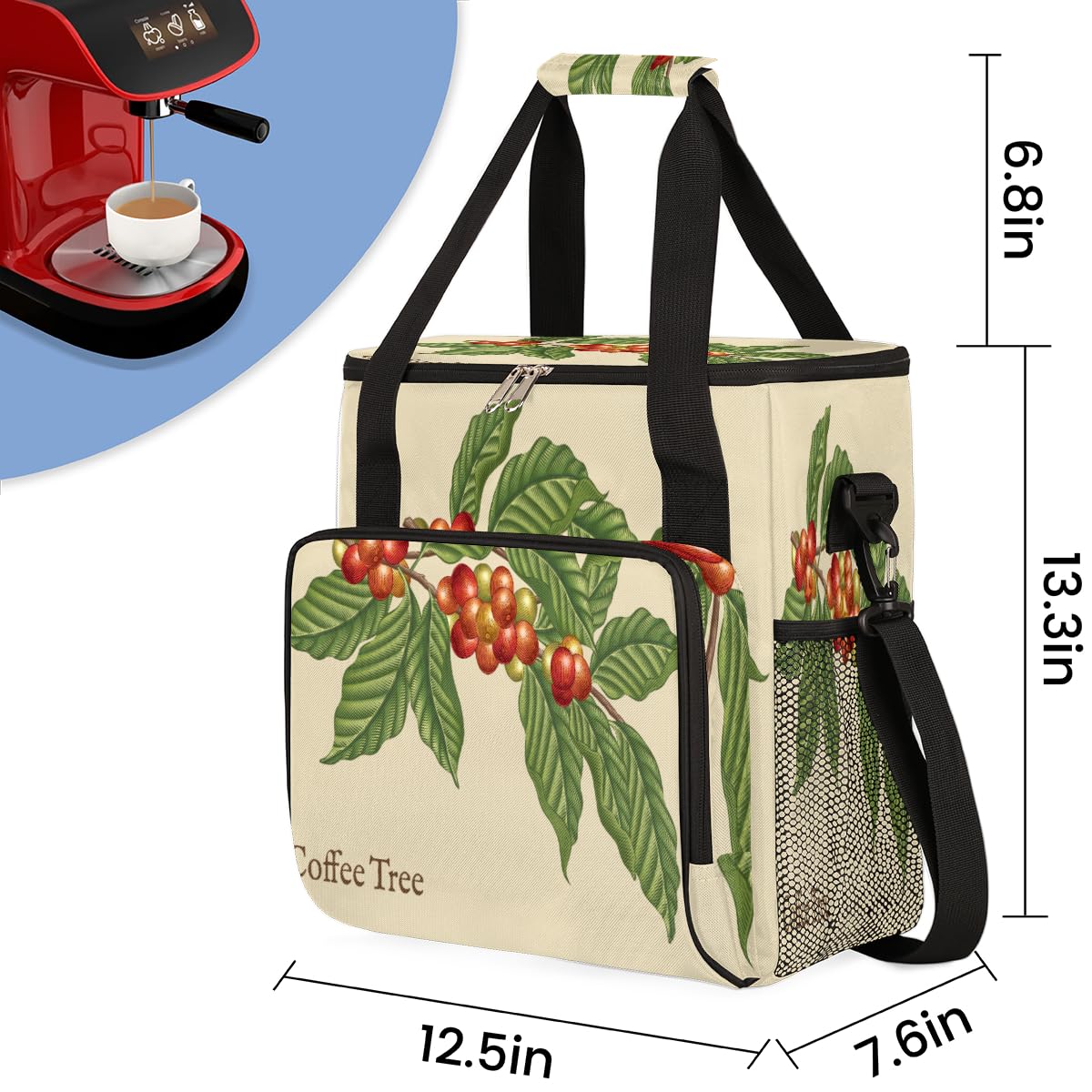 Coffee Tree Coffee Maker Carring Bag Coffee Leaf Bean Travel Carrying Storage Tote Bag Compatible with Keurig K-Mini or K-Mini Plus Portable Single Serve Coffee Brewer Case with Pockets for K-cup Pods